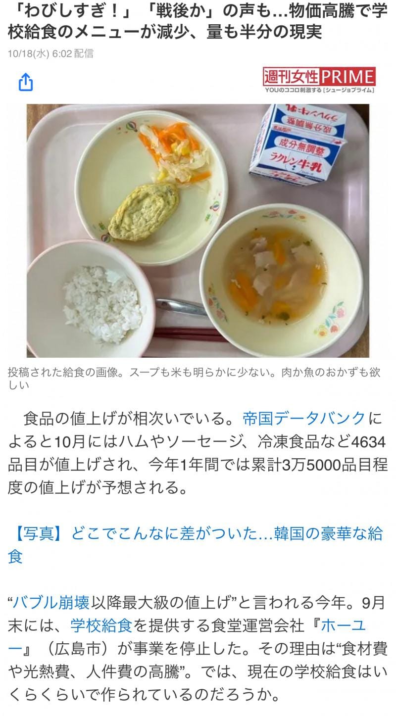 일본의 초.중교 급식량