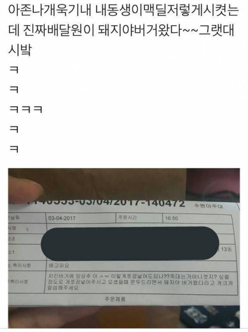 여동생이 맥딜리버리를 시켰다