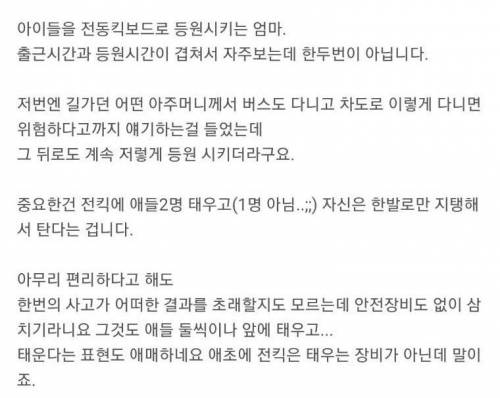 전동킥보드에 애들 태우고 유치원 등원시키는 엄마