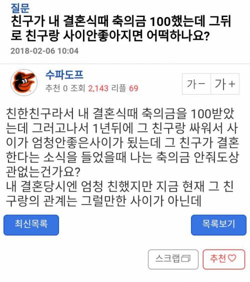 친구가 결혼식 때 축의금 100만원 했는데 싸워서 사이가 안좋아졌다