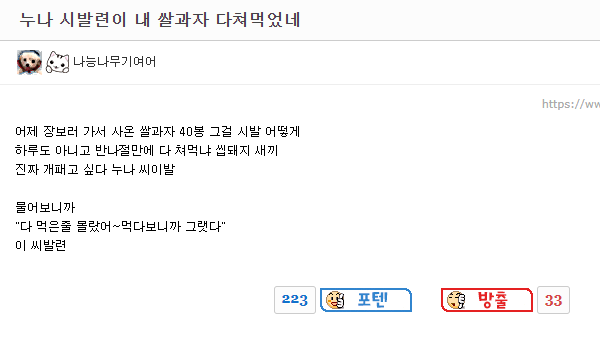 [욕주의] 쌀과자 40봉 먹은 누나