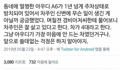 동네 멀쩡한 아우디 차가 1년 넘게 방치되어있는 의심스러운 상황