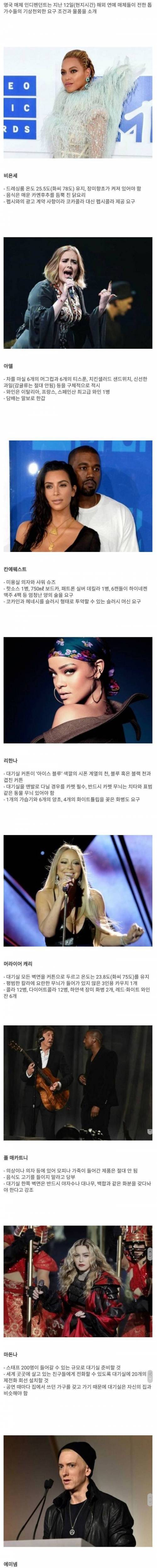 [스압] 해외 팝가수들의 대기실 요구조건들