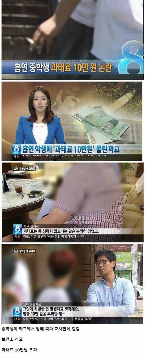 교내에서 담배핀 중학생에게 벌금 10만원 논란