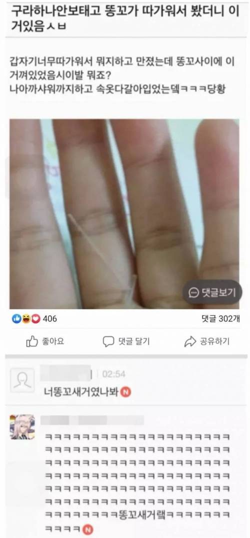 똥꼬가 따가워서 만졌더니 나온 물건.jpg