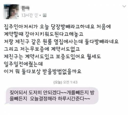 집주인 아저씨가 오늘 당장 방 빼라고 하네요