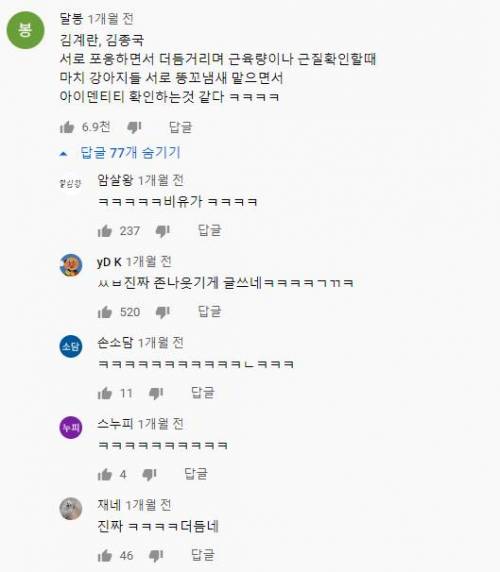 런닝맨 김계란,김종국 만났을때의 베스트댓글.jpg
