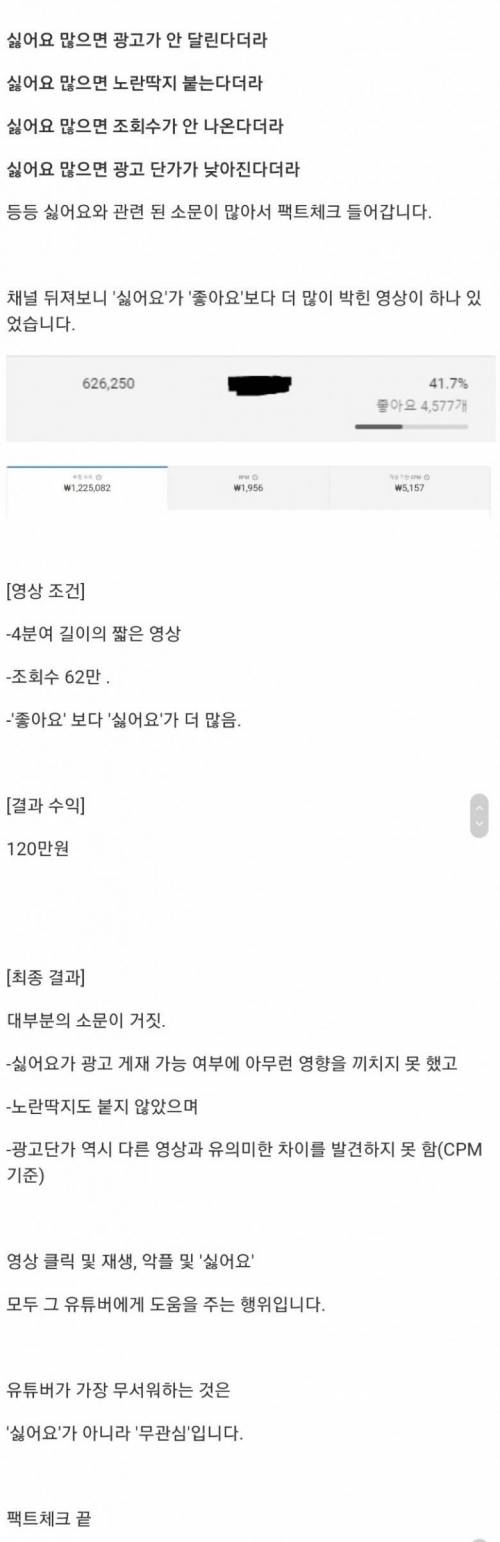 어느 유튜버가 말하는 싫어요가 미치는 영향.jpg