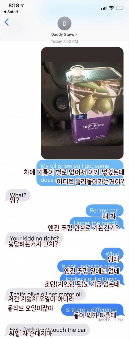 [스압] 아빠 차에다가 올리브 오일 넣었는데 차에서 이상한 소리 나요 어떡해요?