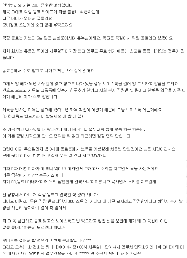 직장동료 와이프가 절 불륜녀 취급합니다.jpg