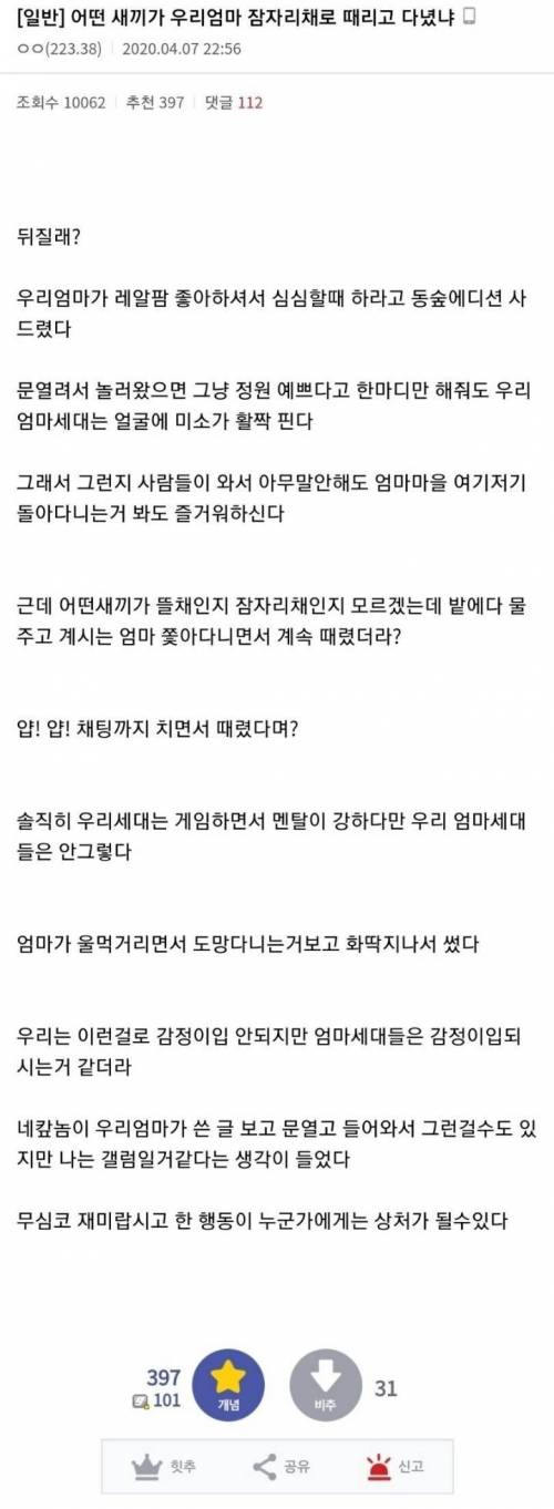 어떤 새끼가 우리엄마 잠자리채로 때리고 다녔냐