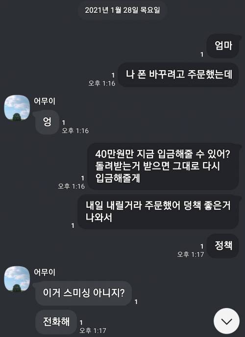 엄마한테 보이스피싱이냐고 의심받았다