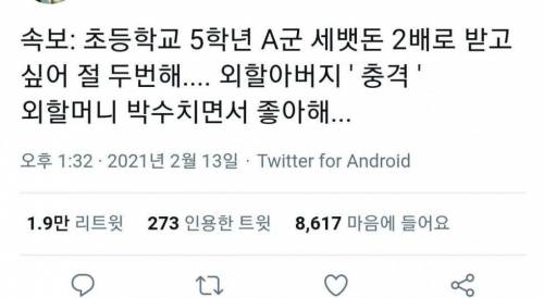 초등학교 5학년 A군 세뱃돈 2배로 받고 싶어서...