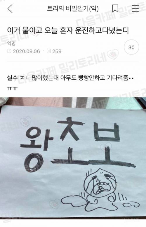 이거 붙이고 오늘 혼자 운전하고 다녔는디