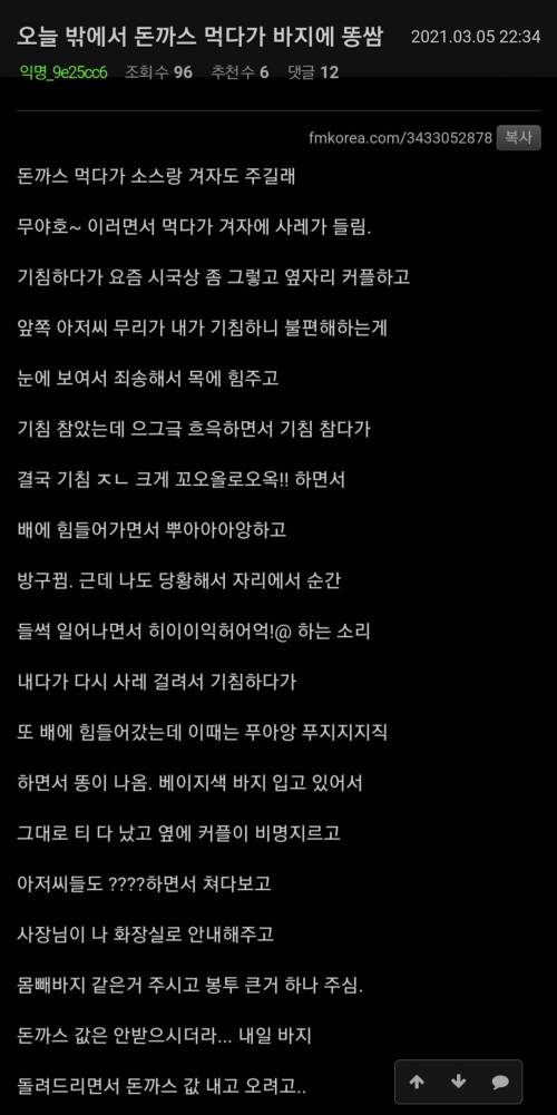 오늘 밖에서 돈까스 먹다가 바지에 똥쌈.jpg