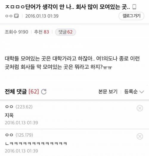 대학가처럼 회사 많이 모여있는 곳을 뭐라고 하지