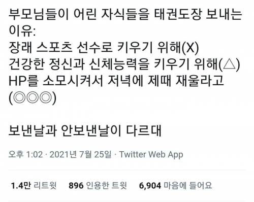 부모님들이 어린 자식들을 태권도장 보내는 이유