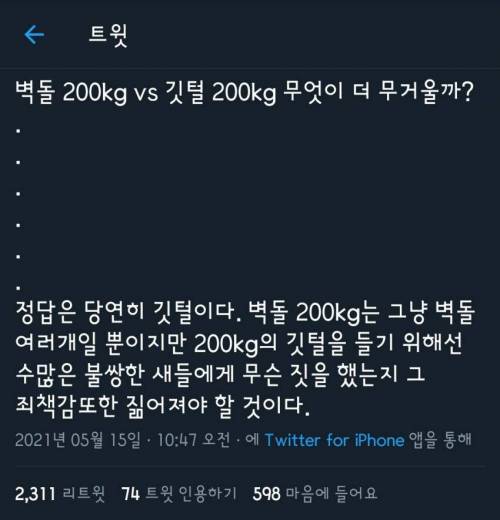 돌 200kg vs 깃털 200kg 무엇이 더 무거울까?