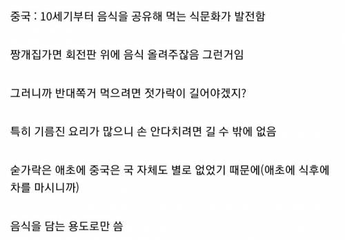 한국 일본 중국 나라별 젓가락 길이가 다른 이유