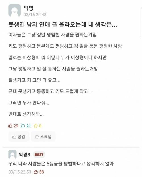 어느 여성이 못생긴 남자의 연애글을 본 소감