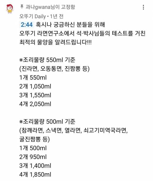 라면 여러개 끓일때 물양 팁