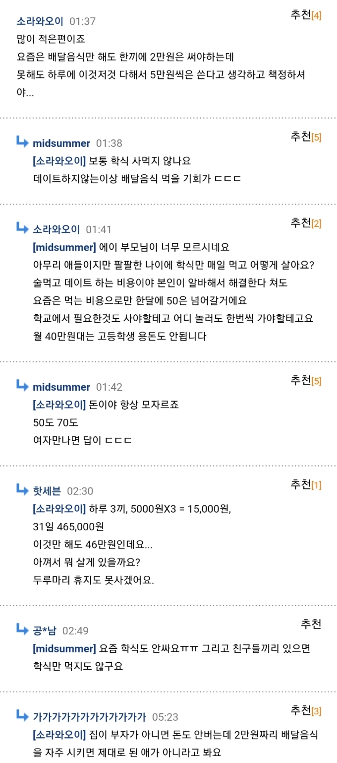 대학생 자녀 한 달 용돈 46만원이면 어떨지 고민중인 부모.jpg