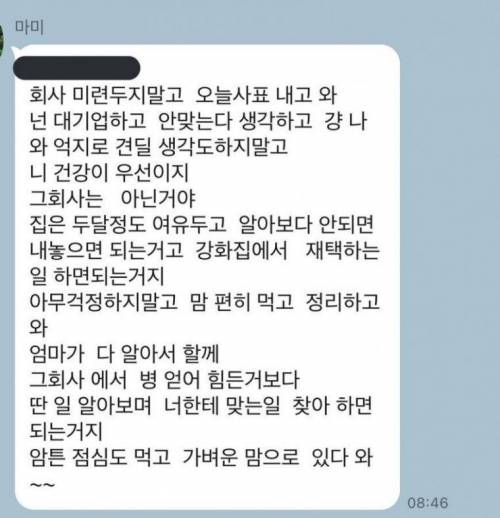 회사에 미련 두지 말고 사표 내고 오라는 엄마..jpg