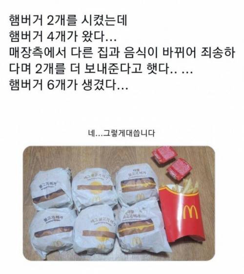 햄버거 2개를 시켰는데 햄버거 4개가 왔다