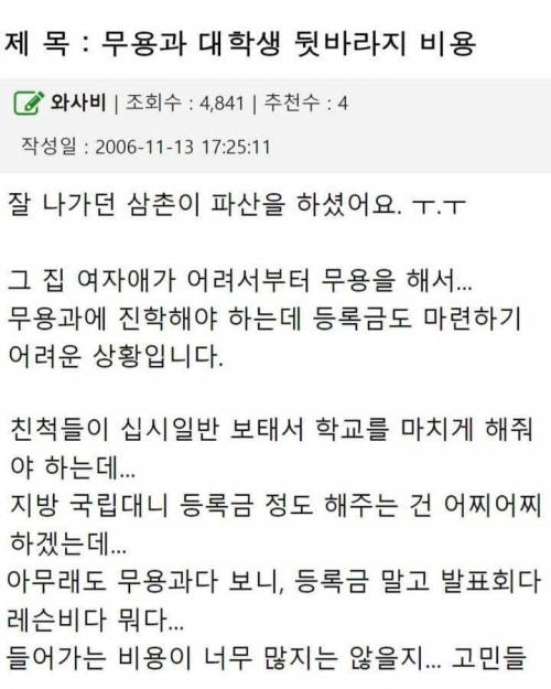 등골 빠지는 무용과 뒷바라지 비용