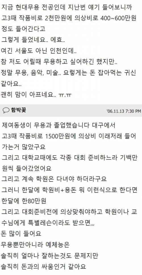 등골 빠지는 무용과 뒷바라지 비용