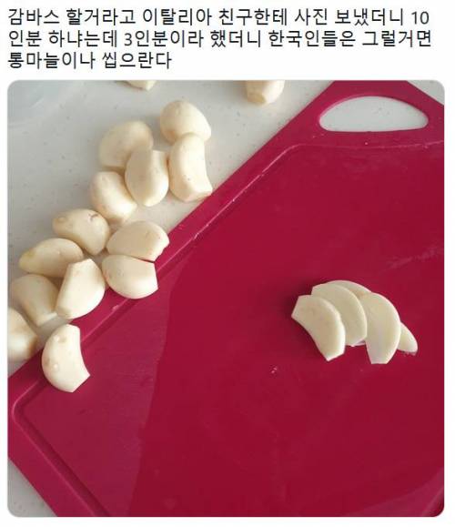 이탈리아 친구에게 감바스에 쓰일 마늘의 양을 보여주었다