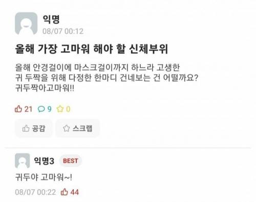 올해 가장 고마워 해야 할 신체부위