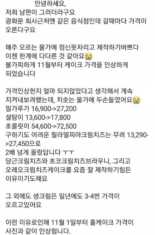 케이크 가게주인이 올린 물가 상승 근황