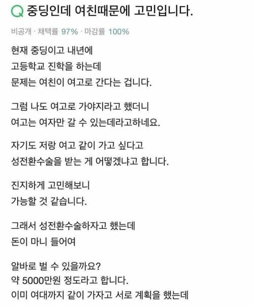 여자친구 땜에 고민이라는 예비 여고딩