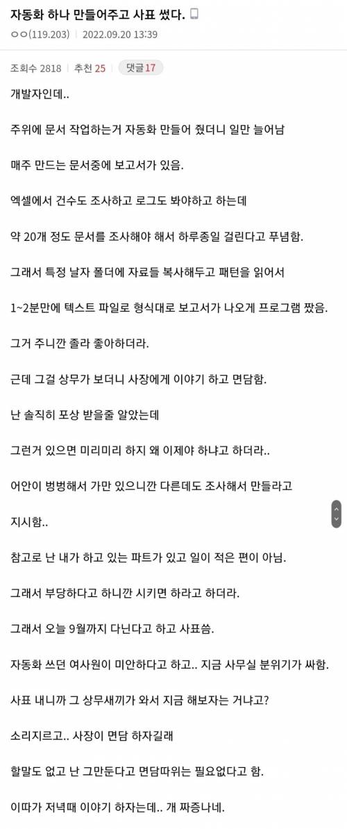 업무 자동화 해줬다가 개털리고 사표쓴 개발자