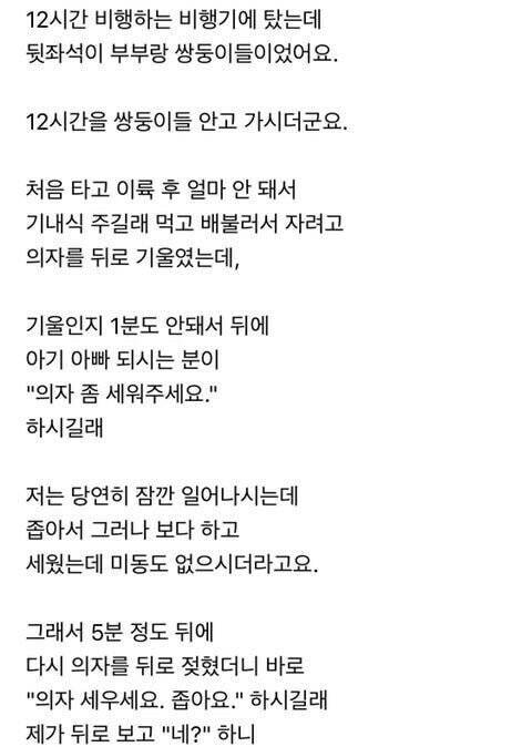 12시간 비행에 쌍둥이 둘 안고 탄 부부