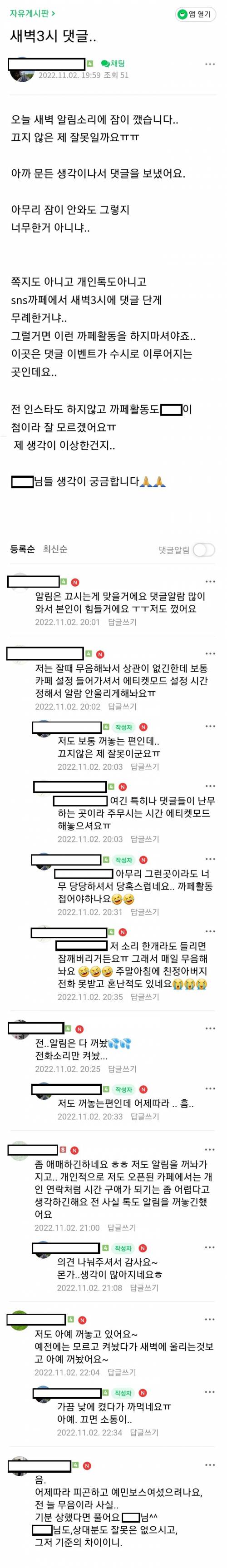 새벽3시에 댓글다는게 정상이냐며 화내는 네이버 카페 회원