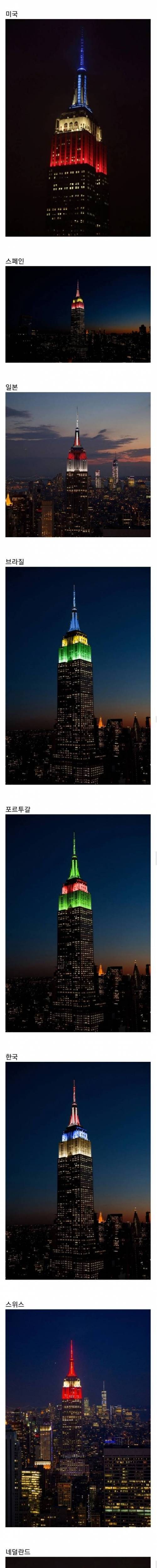 뉴욕 엠파이어 스테이트 빌딩 월드컵 16강 진출 국가 축하 조명...jpg