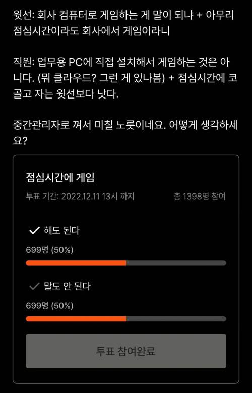 점심시간에 회사pc로 게임해도 된다 vs 안된다
