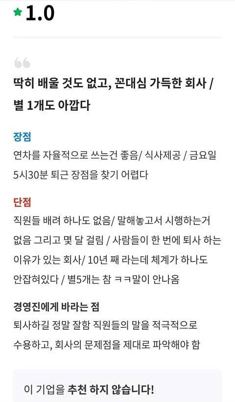 퇴사후 잡플래닛에 별점1점남긴후, 답글단 대표