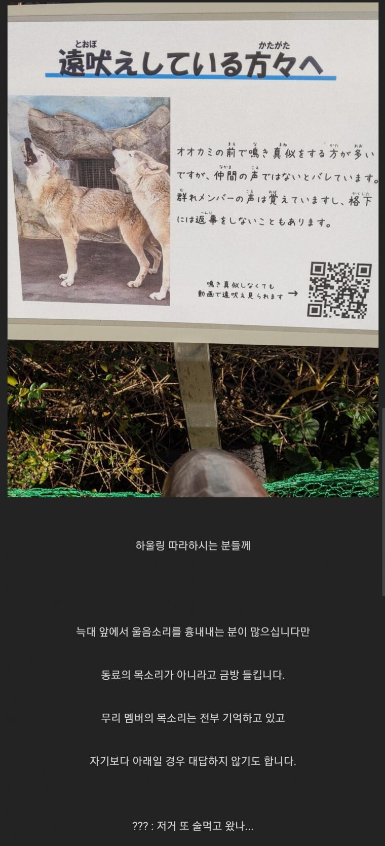 어느 동물원의 늑대 우리 앞에 써있는 경고문