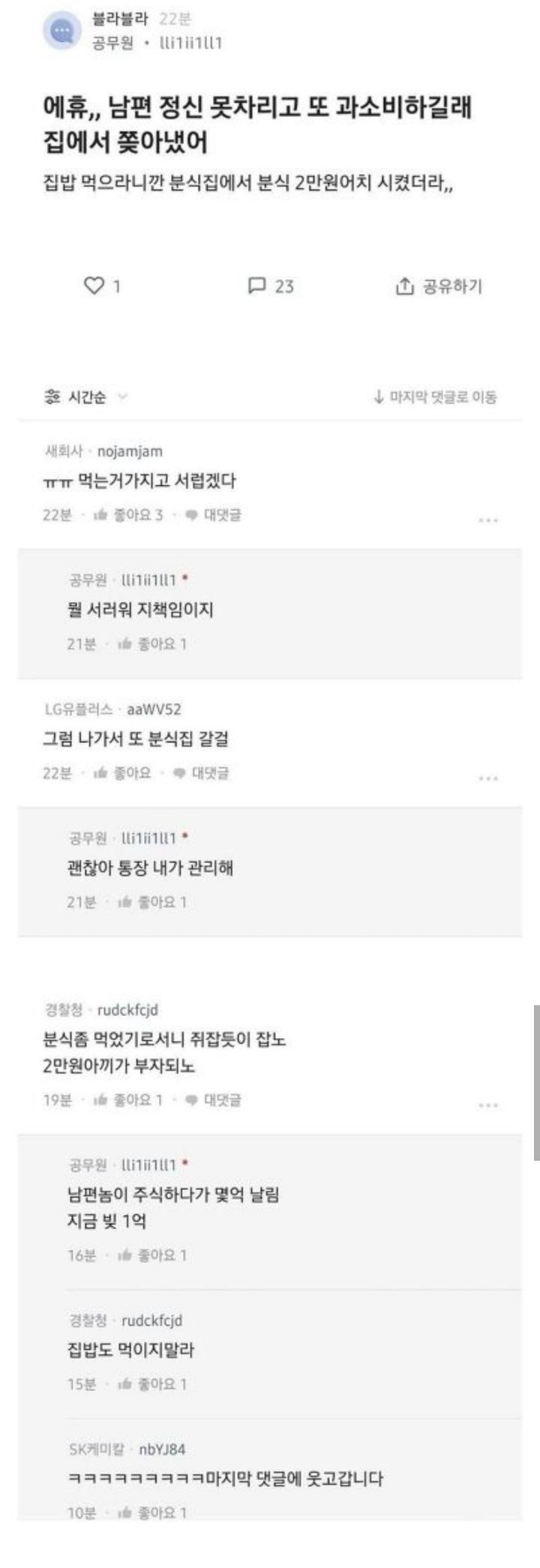 남편이 분식집에서 2만원 썼다고 집에서 쫓아낸 아내