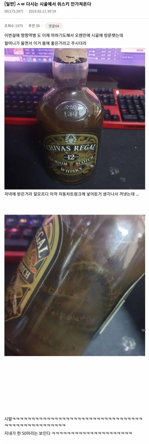 위스키 유행이라고 할머니가 챙겨 주신 위스키를 먹은 디씨인...