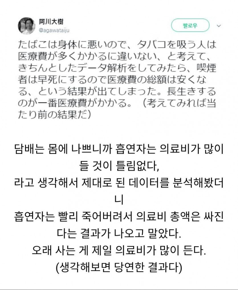 의외로 흡연자가 의료비는 더 적게 든다