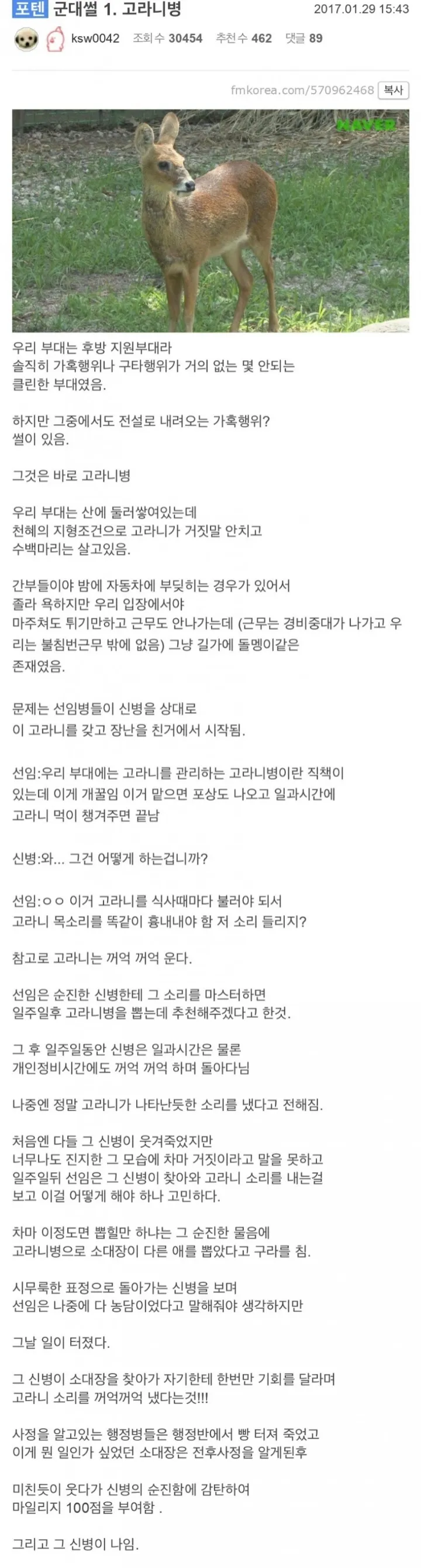 군대 개꿀 보직, 고라니병