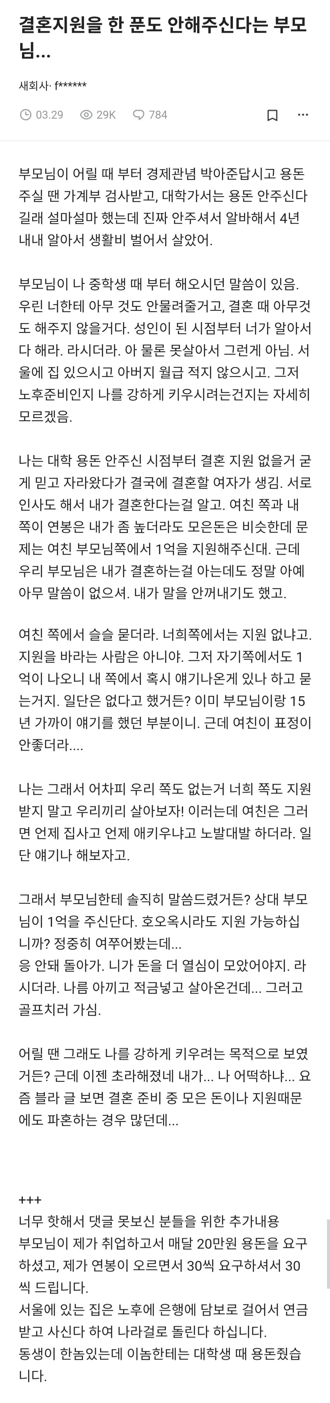 결혼 지원을 안해준다는 부모님