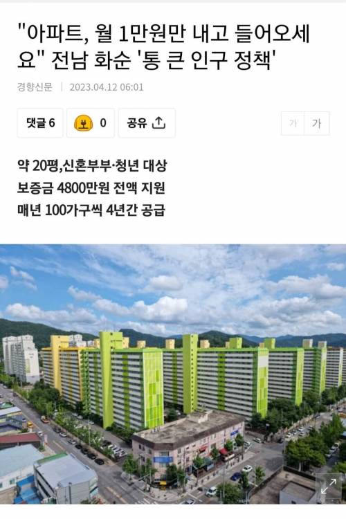 화순군 아파트 월 1만 원에 지원