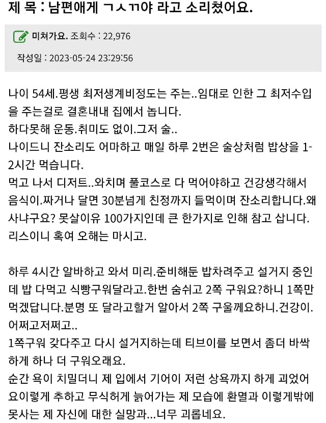 남편에게 개새끼야라고 소리치고 괴로운 54세 주부...