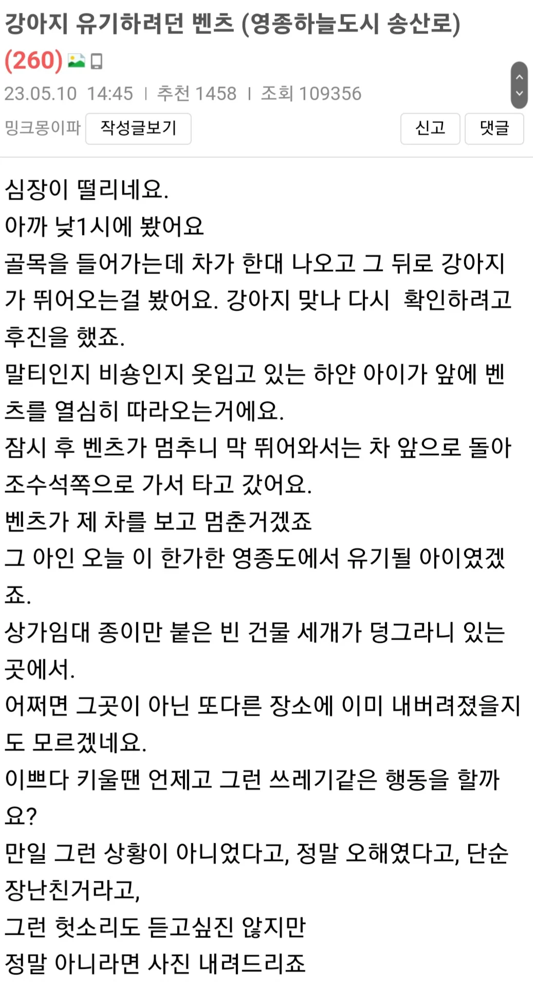 영종도에 강아지 유기하려던 벤츠 글의 진실.