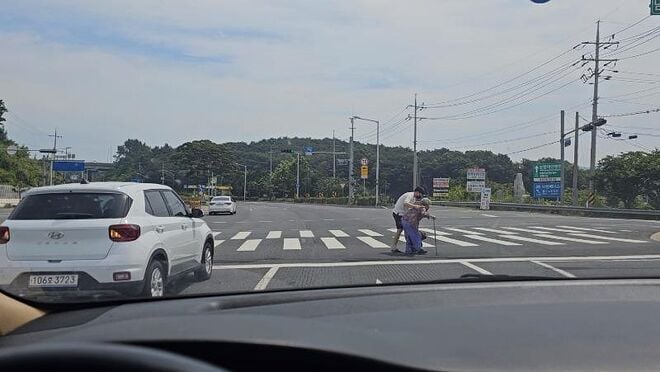 할머니 안전하게 횡단 도와주는 청년.jpg